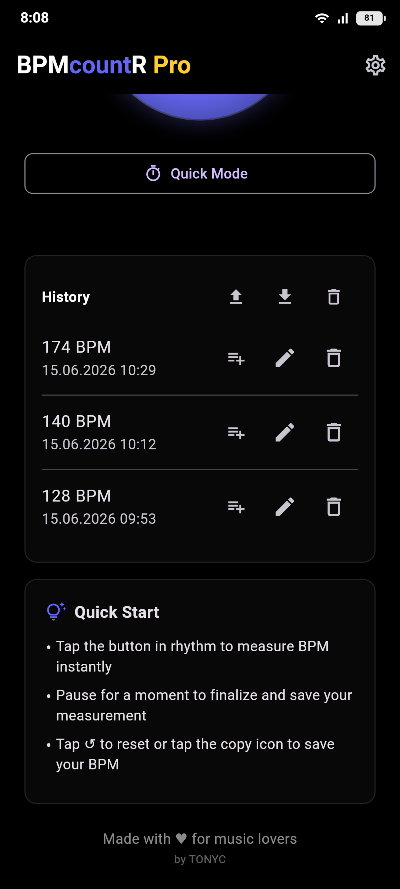 A history list of saved measurements at 174, 140 and 128 BPM with their dates, each with rename and delete controls.
