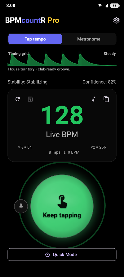 The tap tempo screen reading 128 live BPM, with a timing grid above it and a green tap pad below.